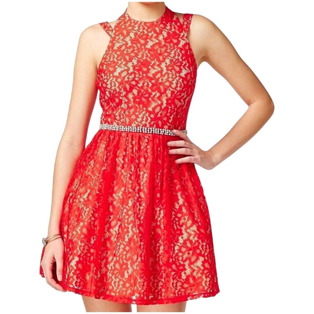 JODI KRISTOPHER Red Sleeveless Rhinestone Detail Party Lace Mini Dress Juniors 5